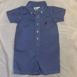 RALPH LAUREN BLUE GINGHAM DRESSY ROMPER EUC 6 MONTHS